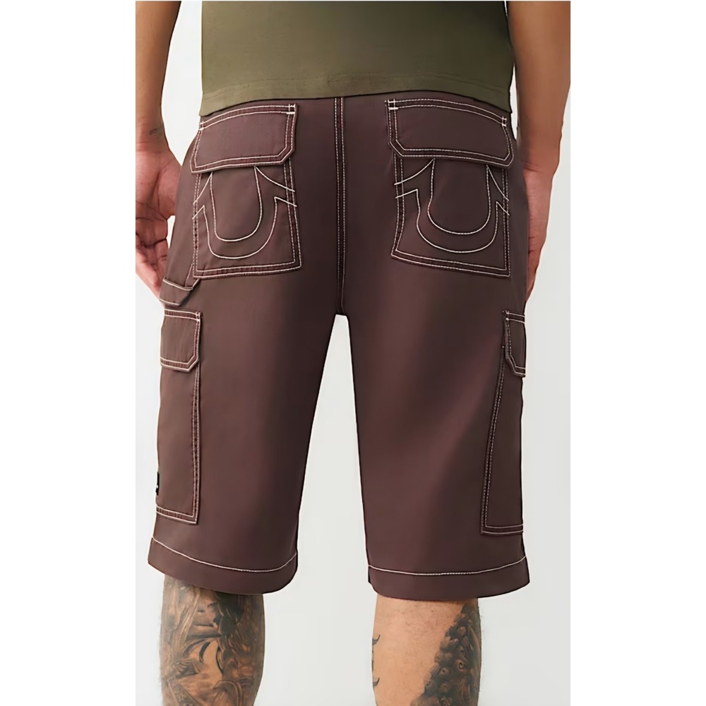 True Religion Mens Cargo Shorts Brown Bracken Contrast Stitch Size 36X11 NWT